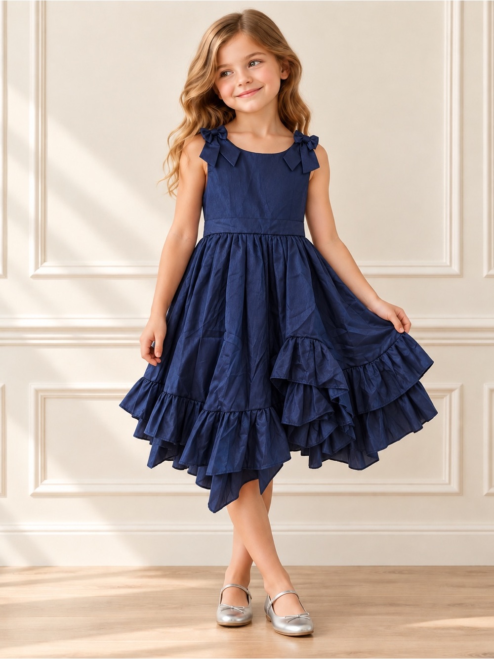 Navy Ruffled Tiered Girls' Formal Dress with Shoulder Bows